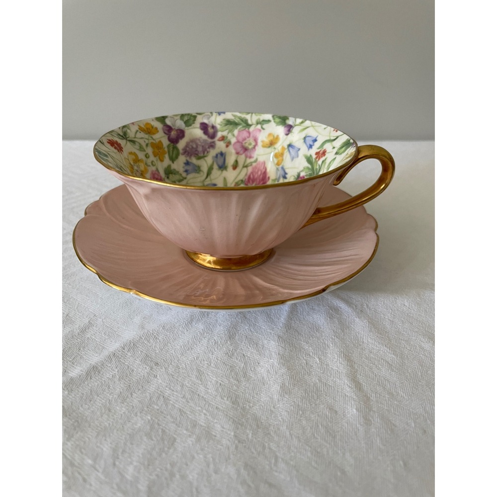 Rare Shelley Oleander Chintz Fine Bone China Countryside Teacup Saucer Set Pink